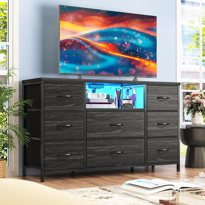 Black Dresser for Bedroom with LED Lights & Charging Station,  for Bedroom with 8 Drawer for 55 Inch TV, Fabric Dressers & Chests of Drawers with Open Shelves for Hallway Entryway