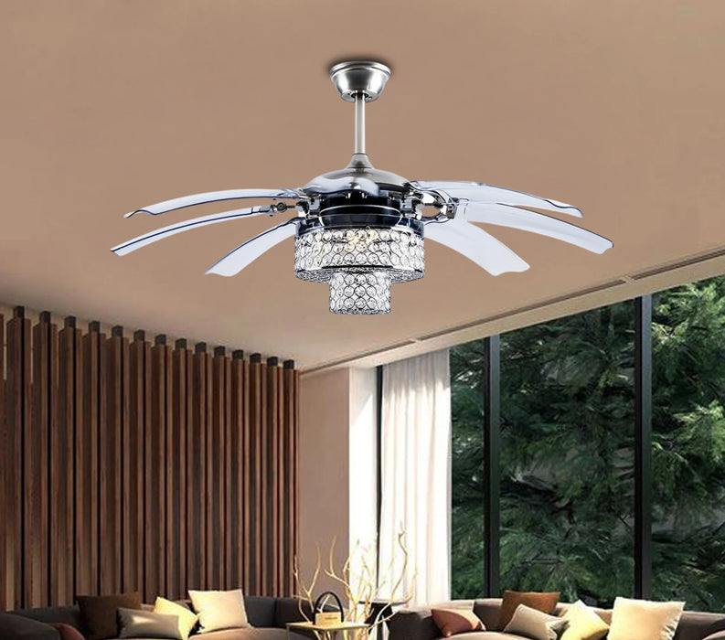 48" LED Ceiling Fan Light with Crystal Chandelier and 8 Retractable Blades