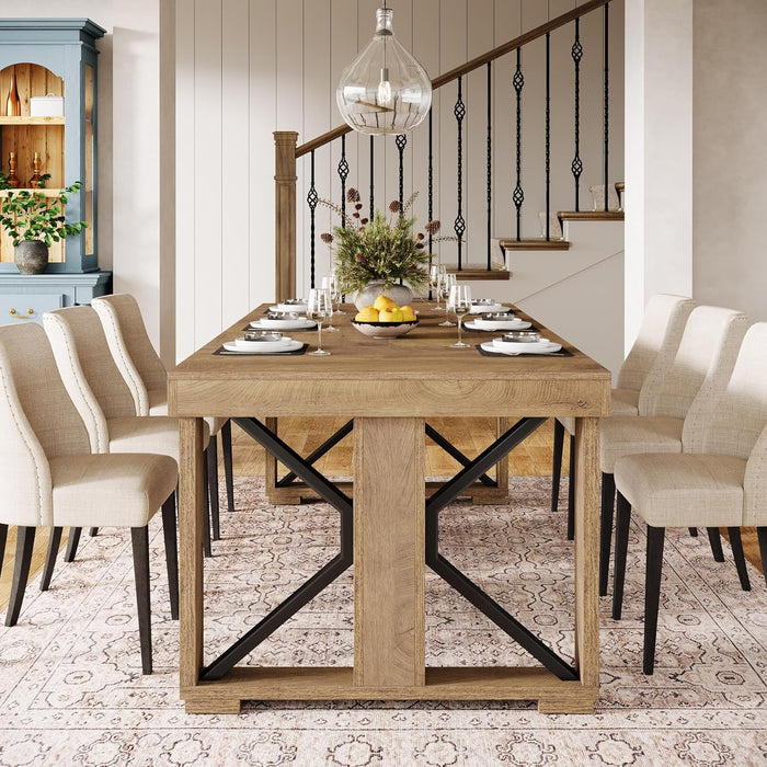 70.87" Rectangular Dining Table for 6-8 People, Farmhouse Wooden Kitchen Dinner Table with Strong Base for Dining Room, Kitchen, Living Room, Brown