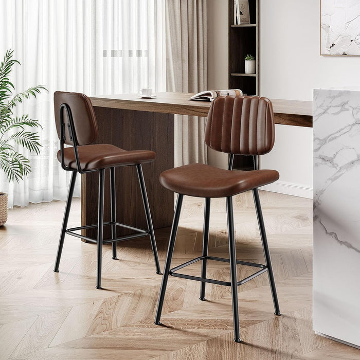 24-Inch Leather Bar Stools Set of 3 with High Backrest, Dark Brown