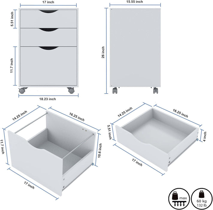 White Mobile File Cabinet, 3 Drawers