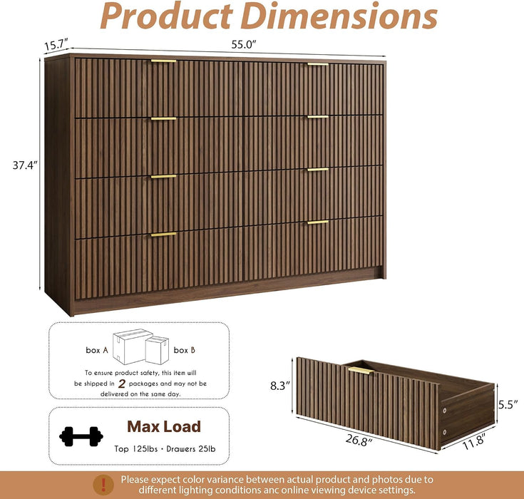 55" Wide Fluted 8-Drawer Double Dresser for Bedroom, Walnut