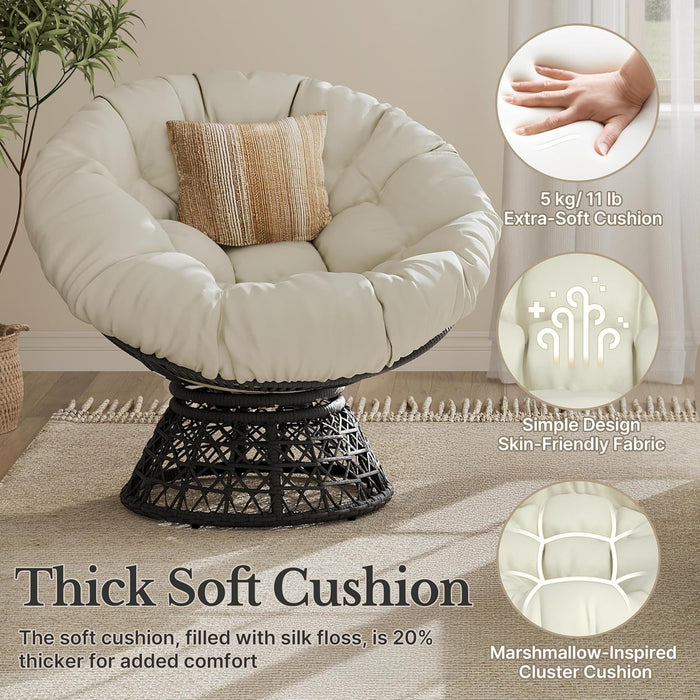 Indoor Papasan Chairs with Thick Tufted Cushions and Frame, Swivel Wicker Ergonomic Lounge Reading Chairs for Living Room/Bedroom, Beige