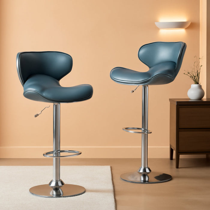 Masaccio Cushioned Leatherette Upholstery Airlift Adjustable Swivel Barstool with Chrome Base, Set of 2, Blue