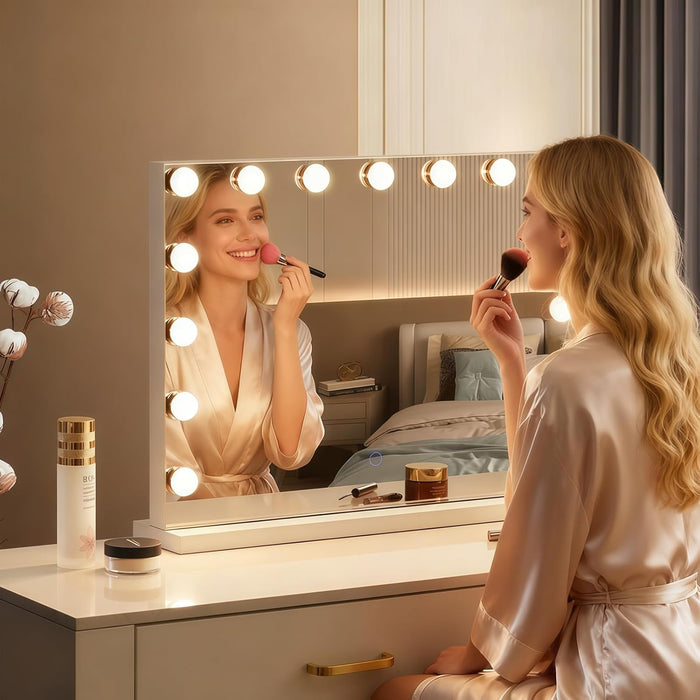 Hollywood Vanity Mirror with Lights, 23"X18" Lighted Makeup Mirror for Desk/Wall Mount with 15 Led Bulbs, 3 Lighting Modes for College Dorm, Bedroom & Dressing Room (White)