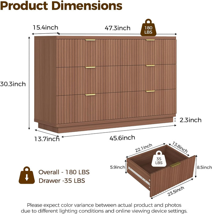6 Drawer Dresser for Bedroom, 47.3" Wide Modern Chest of Drawers Dresser TV Stand, Wood Drawer Organizer for Living Room, Hallway