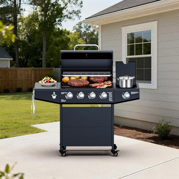 4-Burner Propane Gas Grill with Side Burner, 50,000 BTU Gas BBQ Grill with Stainless Steel Grates,Easy-Clean Grease, Side Tablesfor Patio, Camping, Backyard