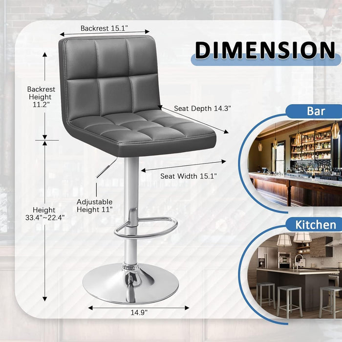 Bar Stools Modern PU Leather Adjustable Swivel Barstools, Armless Hydraulic Kitchen Counter Bar Stool Extra Height Square Island Barstool with Back Set of 2 (Leather, Deep Gray)