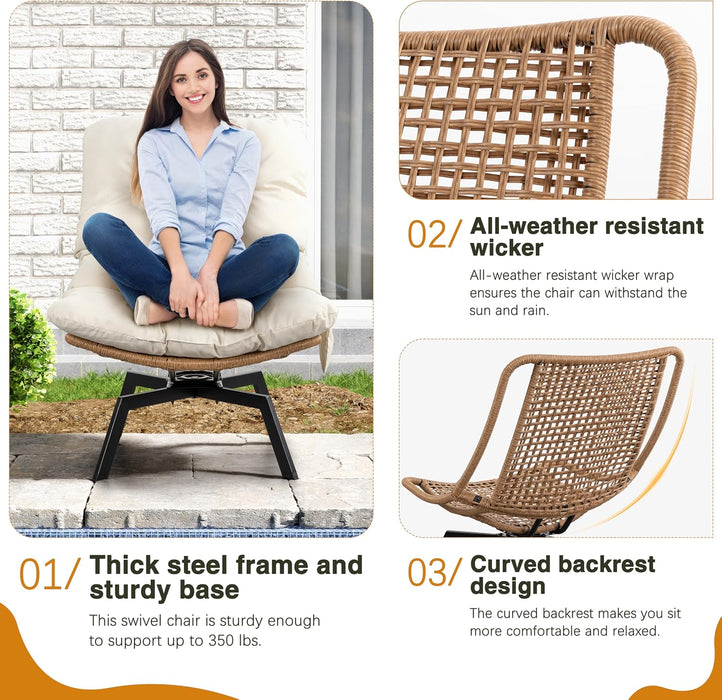 Outdoor Rattan Swivel Chair,Nature Wicker Patio Rotating Chair with Beige Thickened Cushion and Side Pocket,360° Rotation Patio Lounge Chairs for Living Room Bedroom Backyard Balcony