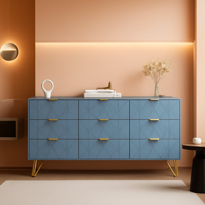 9 Drawer Dresser, Storage Dresser with Wide Drawers and Metal Handles,Wood Storage Chest of Drawers for Living Room,Bedroom,Entryway,Hallway (Blue)