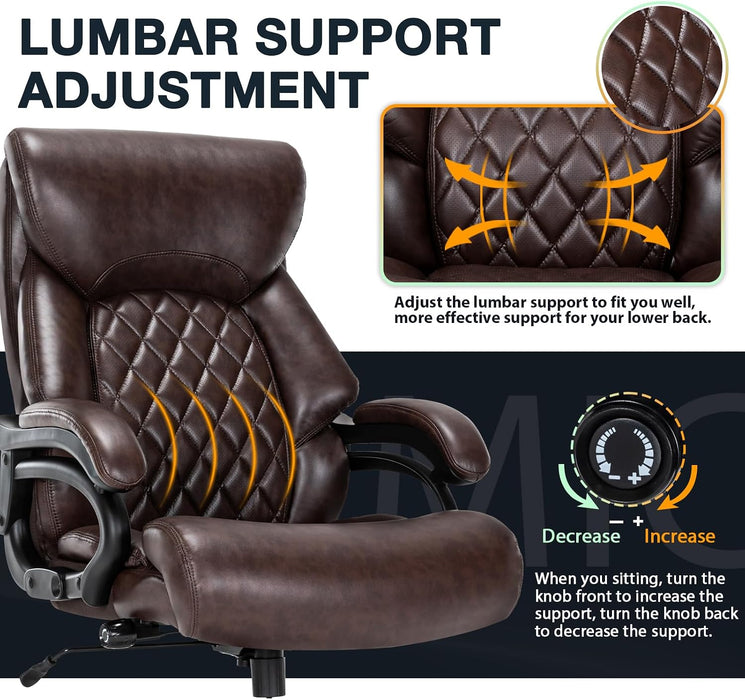 Big and Tall Office Chair for Heavy People, 500LBS High Back Extra Wide Heavy Duty Executive Office Chair Comfortable for Home Office, Large Computer Desk Chair with Adjustable Lumbar Support Brown
