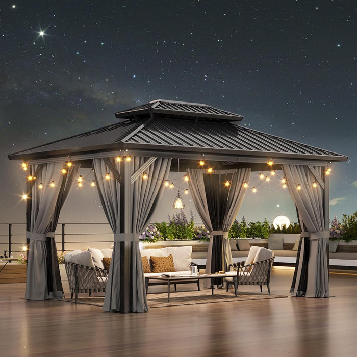10' X 14' Hardtop Gazebo, Aluminum Metal Outdoor Gazebo with Galvanized Steel Double Roof, Permanent Patio Pavilion with Breathable Netting and Curtains for Dining, Wedding, Party