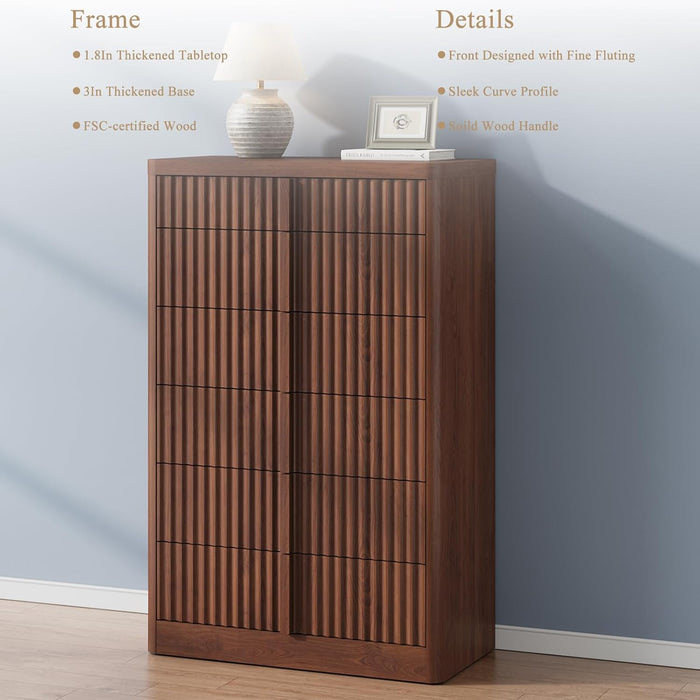 Fluted Dresser for Bedroom, 48" Tall 6 Drawer Dressers, Modern Chest of Drawers with Solid Wood Handle, Curved Profile Design, Wood Dresser Storage Organizer, Living Room, Hallway, Walnut