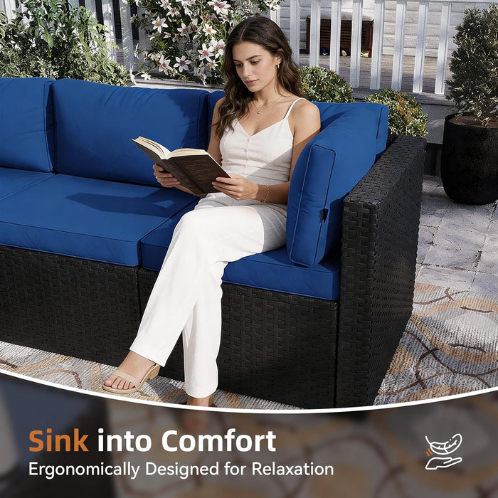 Patio Furniture Set 5-Piece, Outdoor Sectional Sofas with Washable Cushion, Wicker Rattan Patio Conversation Sets for Backyard Porch and Poolside, Navy