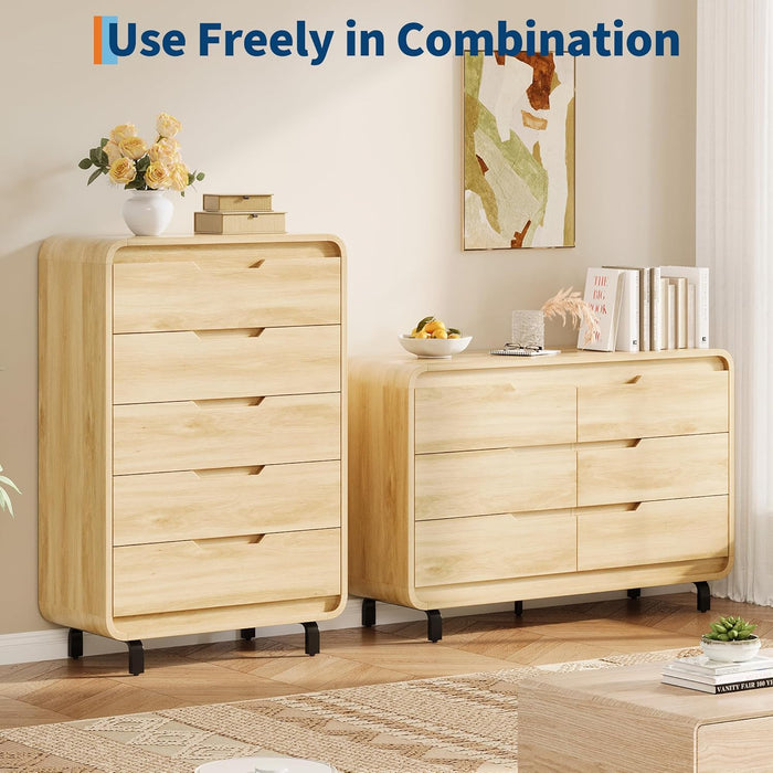 Natural 49-Inch Tall Wooden 5-Drawer Dresser Storage