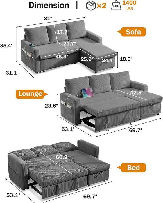 81 Inch CorduroyVelvet GreyTone Sleeper Sofa Pullout