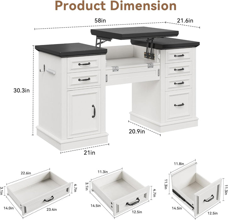 57" Lift Executive Desk with Drawers, Farmhouse Home Office Desk with File Cabinet Storage, Computer Desk with Charging Station & Headphone Hook for Work/Study/Writing (White & Black, Lift)