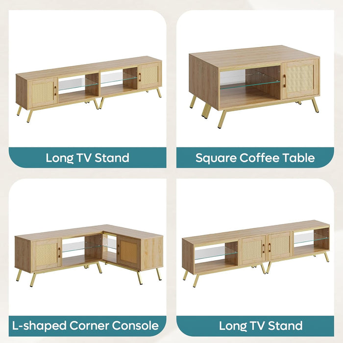 80 Inch Natural Rattan TV Stand with Storage for 85 Inch TV, 4-In-1 Mid Century Modern Entertainment Center with LED Lights, Doors and Adjustable Glass Shelves for Living Room, Natural