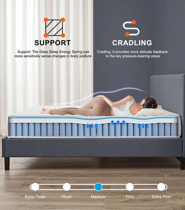 Queen Mattress 14 Inch, Medium Firm Hybrid Mattress Memory Foam Individually Wrapped Pocket Coils, Excellent Edge Support, Zone Support for Back Pain Relief, Fiberglass-Free Mattress in a Box