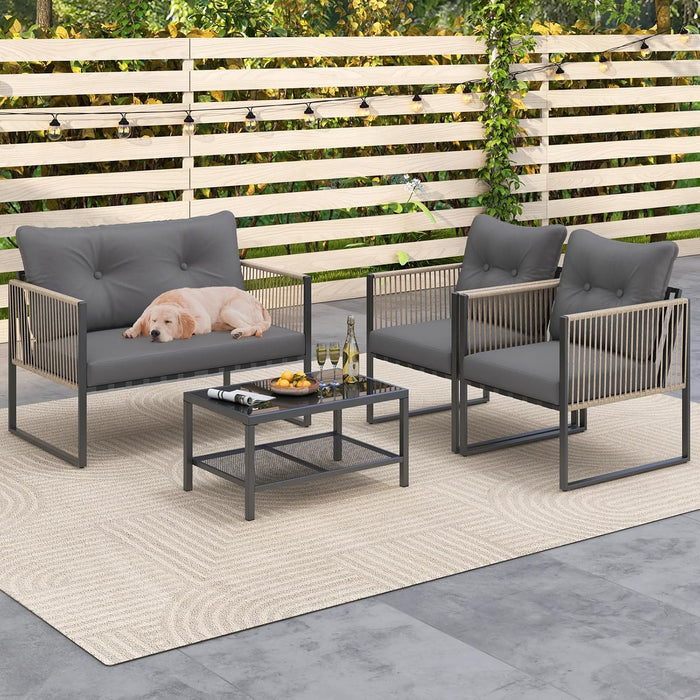 8 Pieces Patio Furniture Set, Outdoor PE Rattan Conversation Sofa Set with Thick Cushions and 2-Tier Tempered Glass Coffee Table for Garden, Porch, Balcony and Backyard