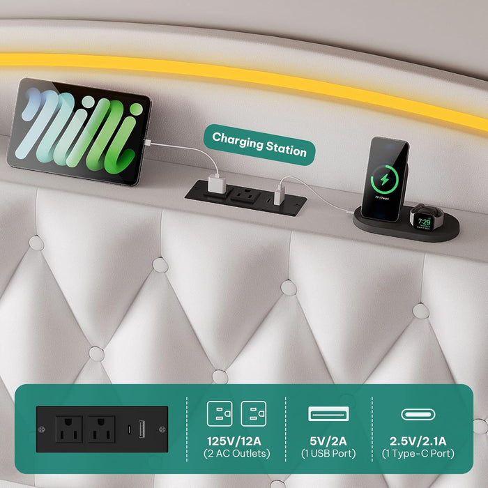 King Size Bed Frame with 4 Storage Drawers and RGB LED Lights, 57'' Tall Headboard Velvet Upholstered Bed with Charging Station, No Box Spring Needed, Easy Assembly, Noise-Free, White