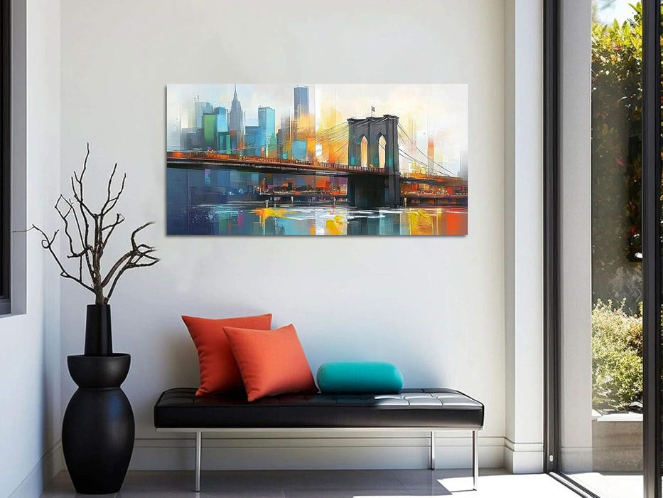 Cityscape Wall Art New York City Canvas for Living Room Painting Brooklyn Bridge Manhattan Bedroom Wall Art for Men Modern Blue Picture Grey Artwork Large Framed Home Office Wall Decor 40"X20"