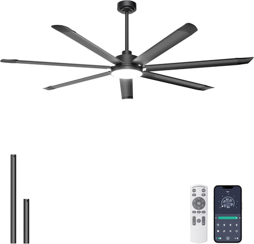 72'' Large Ceiling Fan with Lights, High CFM Industrial Ceiling Fan with Remote/App, 7 Aluminum Blades, Dimmable, for Outdoor Patio, Shop, Garage, Black
