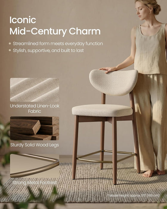VASAGLE Wooden Bar Stools Set of 2, Linen-Look Fabric, Cappuccino Beige | Barstools with Solid Wood Legs, Ergonomic Backrest, Mid Century Modern, for Kitchen Island, Linen-Look Fabric