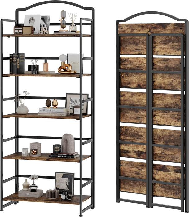 5 Tier No Assembly Folding Bookshelf, Arched Bookshelf, Foldable Bookcase for Living Room, Bedroom, Office,Skinny Bookshelf (Fire Brown)
