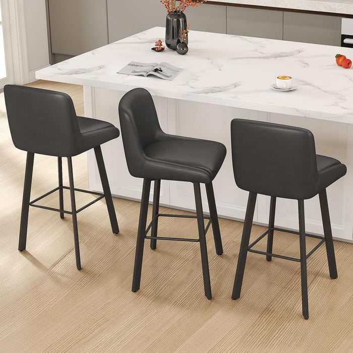 Swivel Bar Stools, 29''H Upholstered Barstools with Backs, Modern Counter Height Bar Stool Chairs for Kitchen Island, Metal Legs (Black- Faux Leather, Set of 3-29" H)