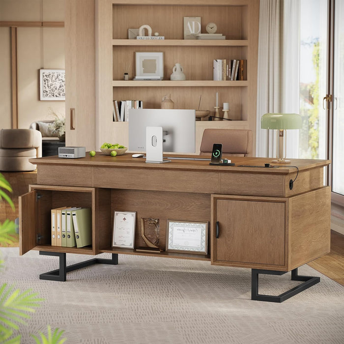63" Executive Desk with Charging Station, Large Home Office Desks with 6 Drawers and 2 Storage Cabinets, File Drawer, Keyboard Tray, Privacy Panel, Desk Grommet, U-Shaped Metal Legs for Work and Study