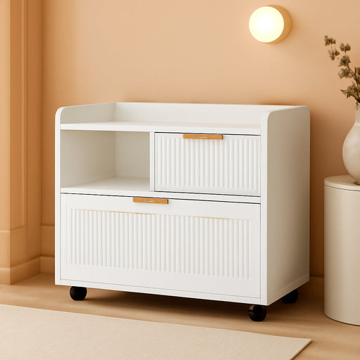 Lateral File Cabinet with Fluted Drawers, White Wooden Office Cabinet with Storage, Rolling Printer Stand with Drawers, Mobile File Cabinet for Home Office, Fits A4/Letter/Legal Files