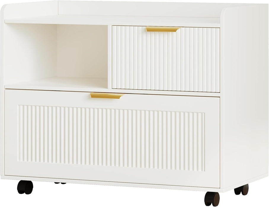 Lateral File Cabinet with Fluted Drawers, White Wooden Office Cabinet with Storage, Rolling Printer Stand with Drawers, Mobile File Cabinet for Home Office, Fits A4/Letter/Legal Files