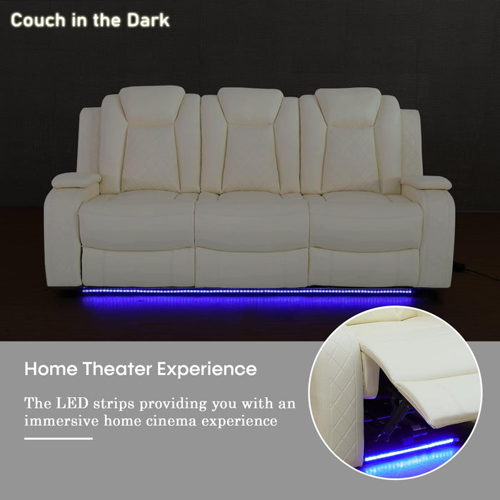 Power Recliner Sofa Set with LED Lights,Leather Reclining Sofa with USB Port/Wireless Charger/Storage Console/Cup Holder,Living Room Furniture Set for House/Home Theater(3 Piece Set,Creamy)