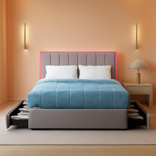 Queen Size Upholstered Platform Bed Frame, Wooden Slats Support with 4 Storage Drawers, Built in Charging Station & LED, Noise-Free, No Box Spring Needed, Grey