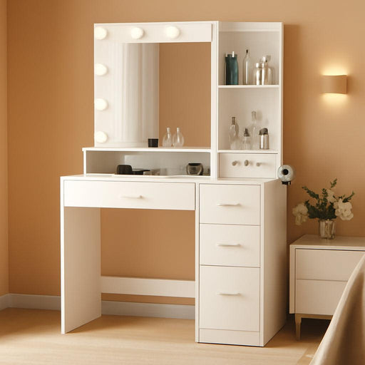 Vanity Desk with Mirror, Power Outlet and 10 Lights, Makeup Table with 4 Drawers, 3 Color Modes Available for Bedroom, White