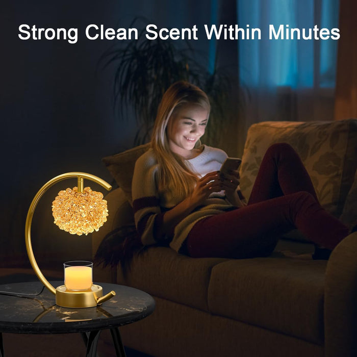 Bronze Candle Warmer Lamp for Jar Candles with Adjustable Brightness＆Timer，Handcrafted Crystal＆Wooden Base,Candle Lamp Luxurious Design+2Bulbs,Home Decoration Electric Candle Lamp(C-Shaped)