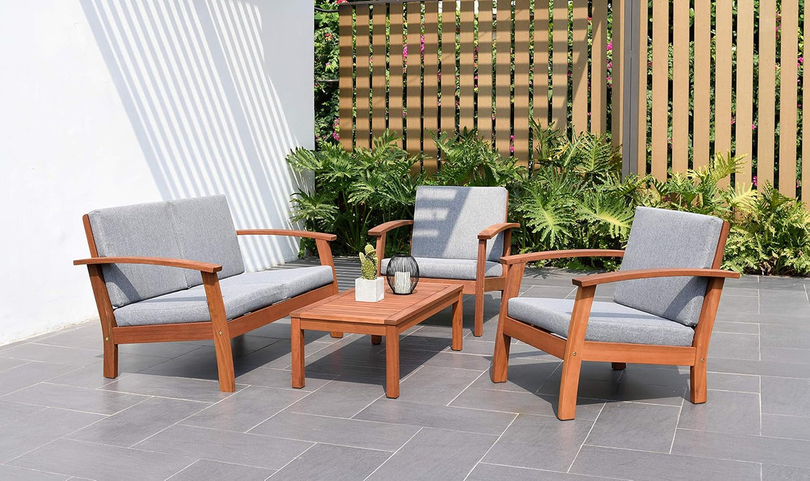 Prescott Patio 4-Piece Conversation Set | Durable Eucalyptus Wood Comfortable with Grey Cushions