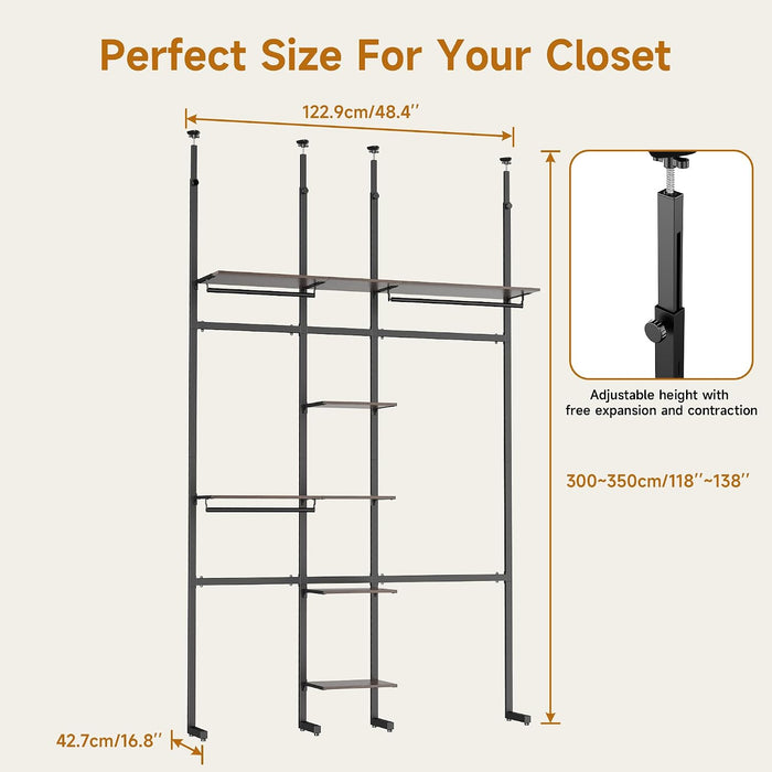 MZG Closet Organizer System, Freestanding Closet System with Wood Shelves & Hanging Rod, Adjustable Floor-To-Ceiling Open Wardrobe for Bedroom, Apartment & Small Closet (16.8"D X 48.4"W X 137.7"H)