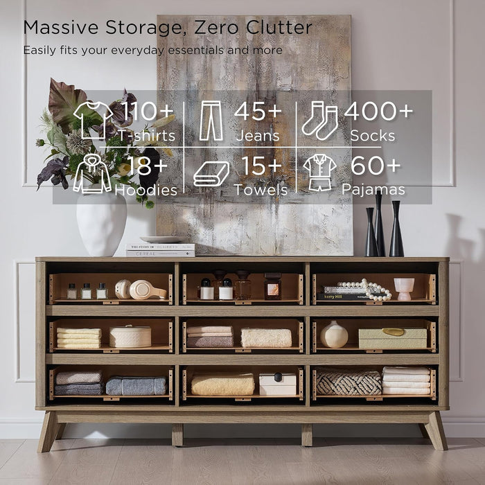 63" Wide Fluted 9 Drawer Dresser for Bedroom, Grey Alder