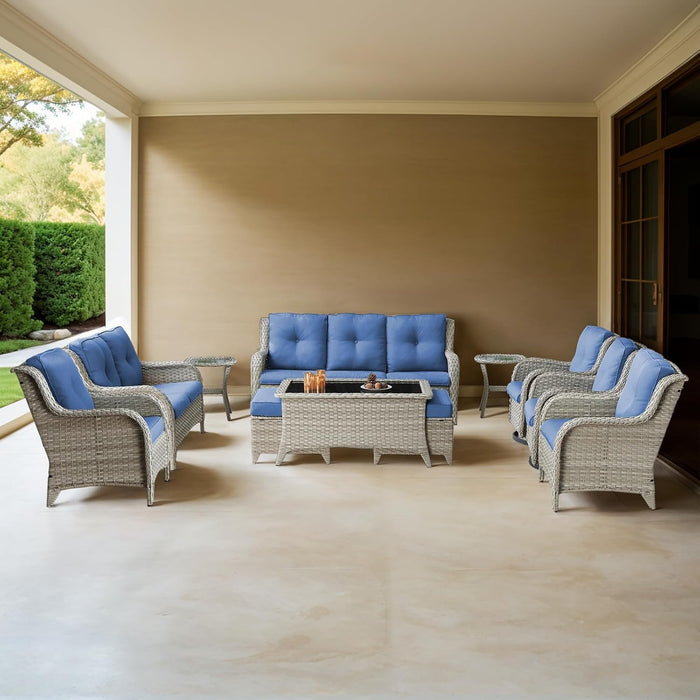 Outdoor Furniture：11 PCS Patio Furniture Set, Outdoor Furniture Set with Swivel Patio Chairs, Light Beige/Blue