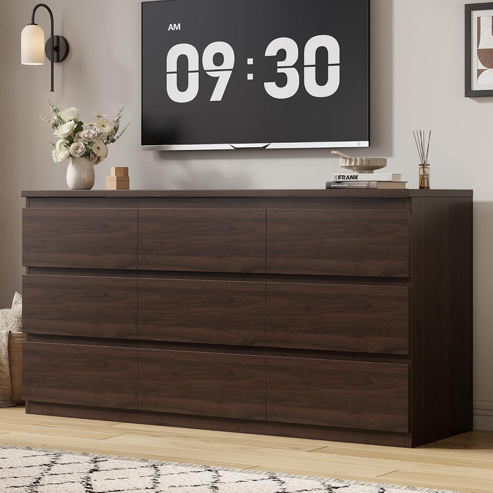 Modern 9 Drawer Dresser for Bedroom, Simply Chest of Drawers, Wood Storage Dresser with Deep Drawers for Living Room Hallway Entryway (Brown)