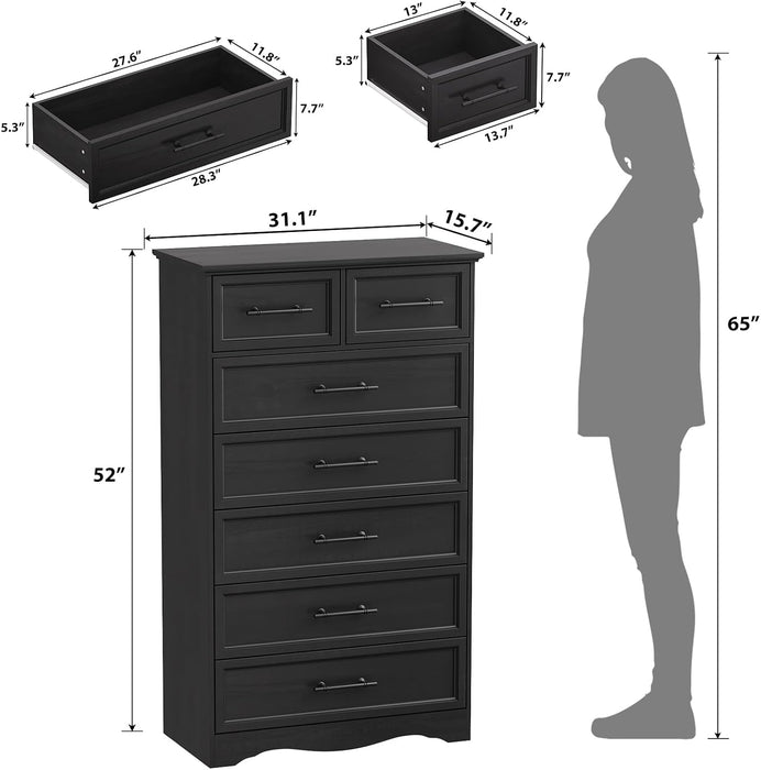 Black 7-Drawer Dresser for Bedroom, 52" Tall Chest of Drawers