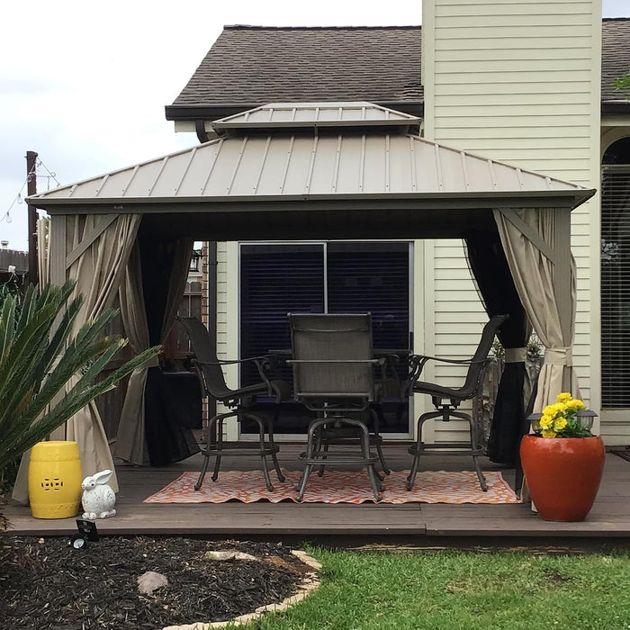 10x12 Outdoor Gazebo Aluminum Champagne Hardtop Curtains