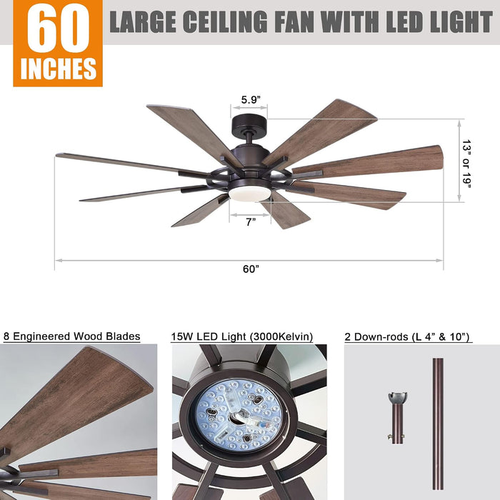 60 Inch Ceiling Fan with Light and Remote Farmhouse Windmill Chandelier Fan