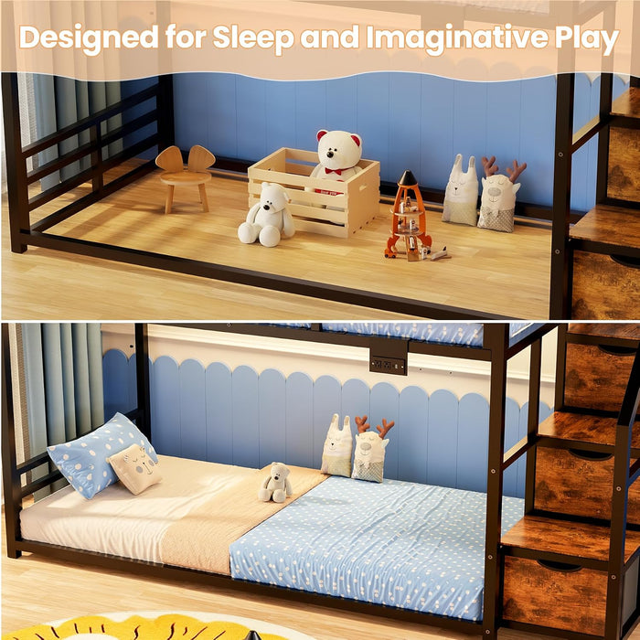 TwinOverTwin Black Metal Bunk Bed With StorageDrawers