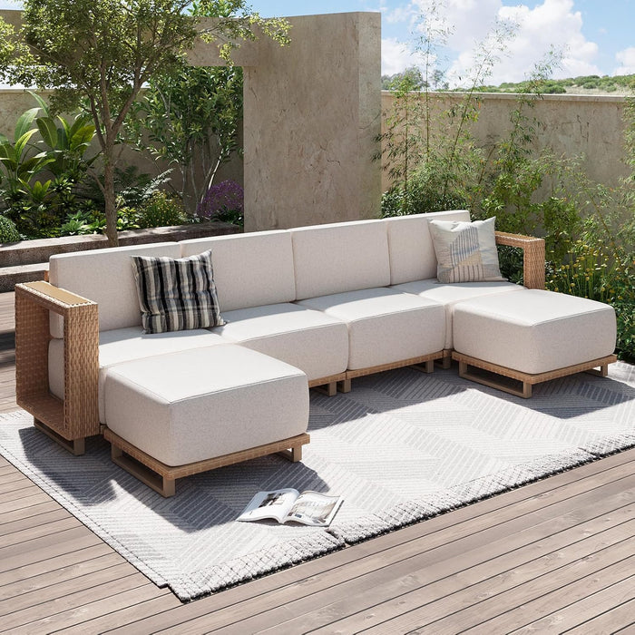 Patio Furniture Set, 6 Piece Outdoor Wicker Sofa, Yellow/Beige