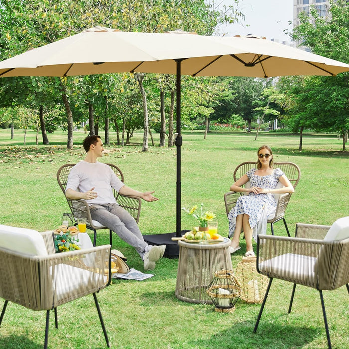 13 Ft Triple-Size Patio Umbrella W/Base Included - Market Extra-Large Double Sided Umbrella - Twin-Size Patio Parasol W/Easy Crank & 12 Strong Ribs & Ventilation Openings, Tan