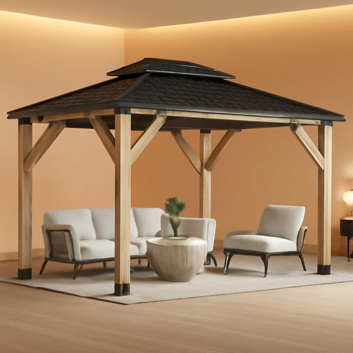 13FT X 15FT Outdoor Wooden Gazebo - Patio Wood Frame Gazebo with Galvanized Steel Hardtop, Heavy-Duty Hardtop Gazebos for Garden, Poolside, Deck, Backyard