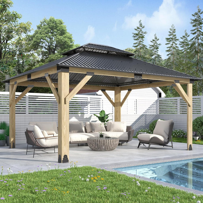 13FT X 15FT Outdoor Wooden Gazebo - Patio Wood Frame Gazebo with Galvanized Steel Hardtop, Heavy-Duty Hardtop Gazebos for Garden, Poolside, Deck, Backyard